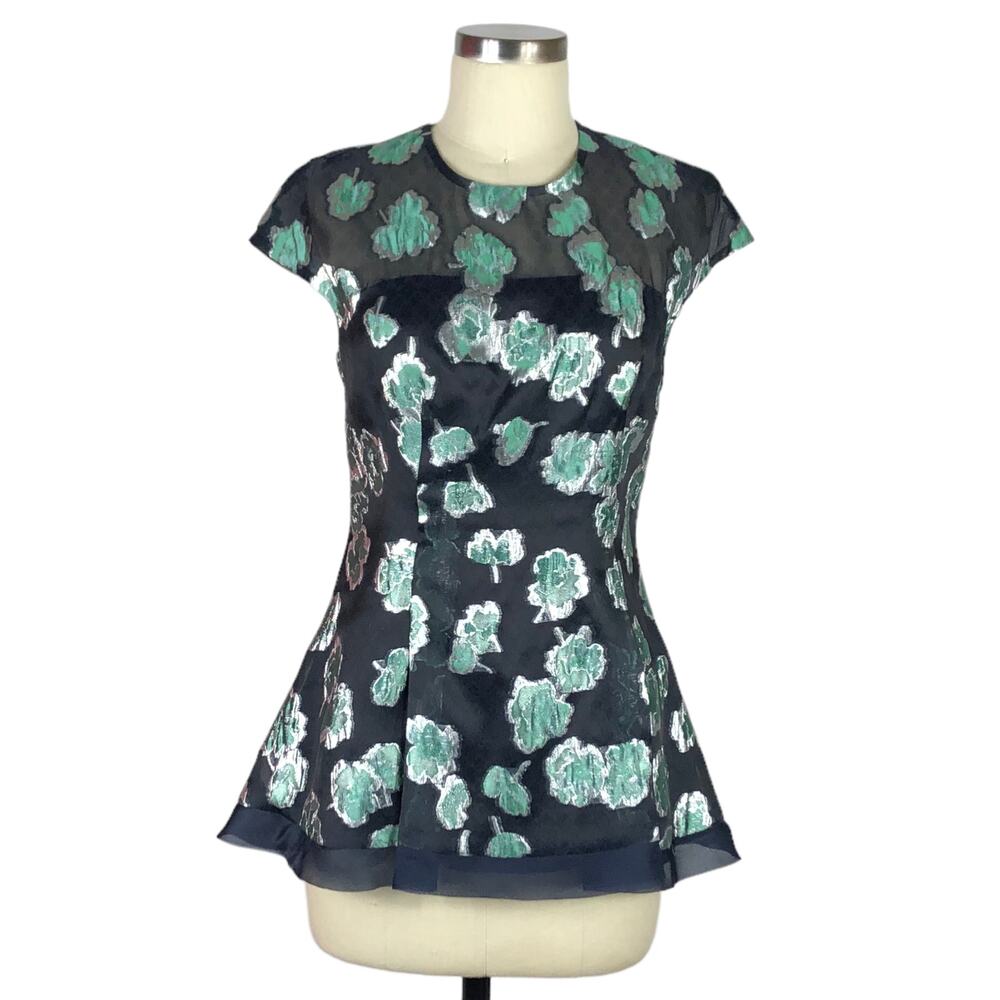 LELA ROSE Blouse Navy Blue Green Metallic Floral Peplum Blouse Size 4 Silk Glam